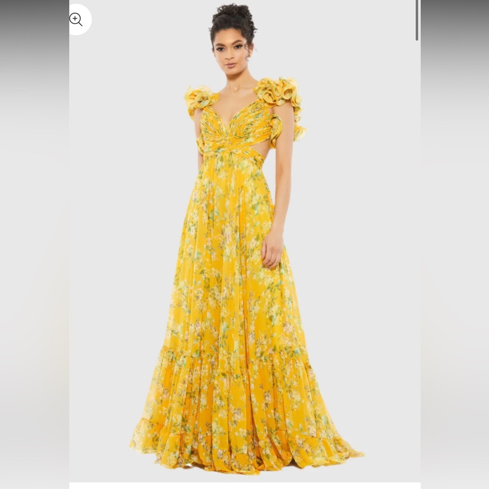 Yellow Ruffle Tiered Floral Cut-Out Chiffon Gown